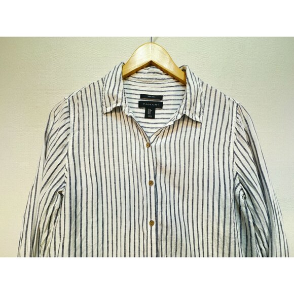 Tahari Womens Stripe Linen Button-Up Shirt Size M Blue White Casual Workwear - Picture 3 of 13